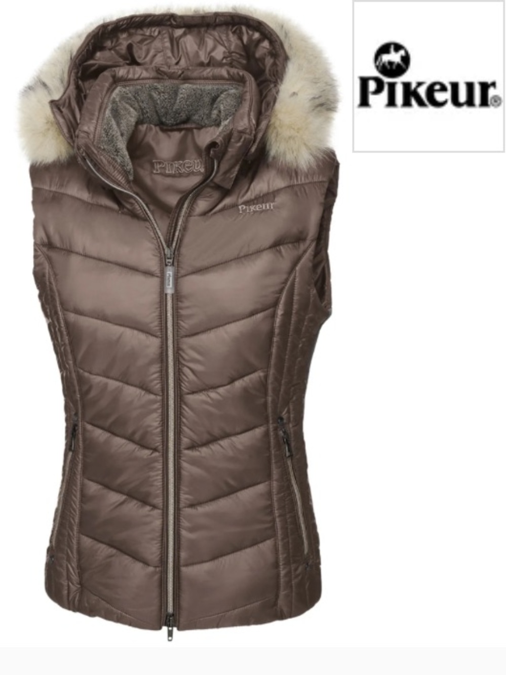 PIKEUR Brinette Quilted Faux Trim Taupe Puffer Hooded Vest Equestrian Size 14